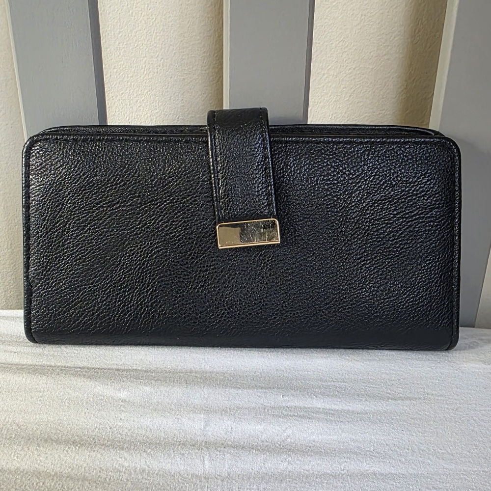 Black Vegan Leather Long Bi Fold Wallet with Gold Snap Accent